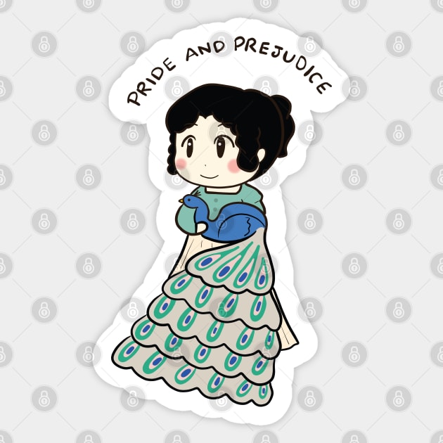 Cute Elizabeth Bennet and Peacock Drawing Sticker by MariOyama